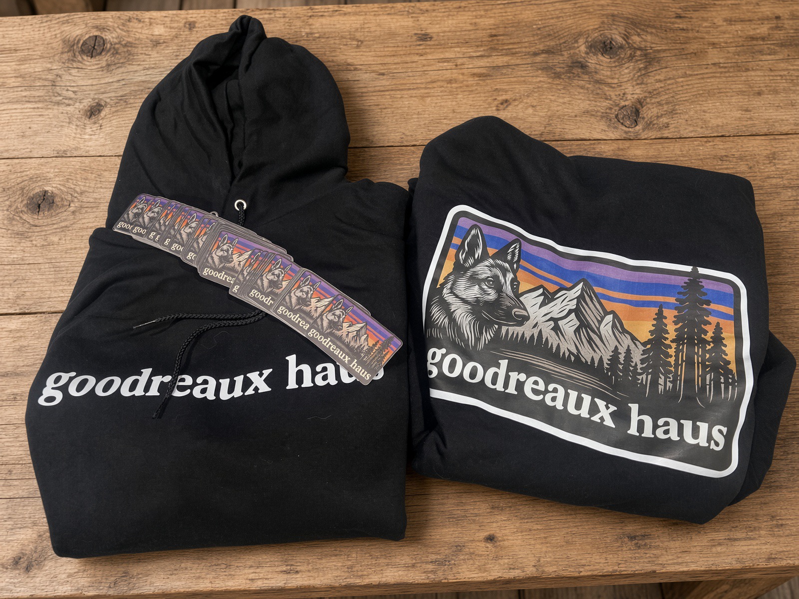 Goodreaux Haus hoodies and sticker pack flat lay