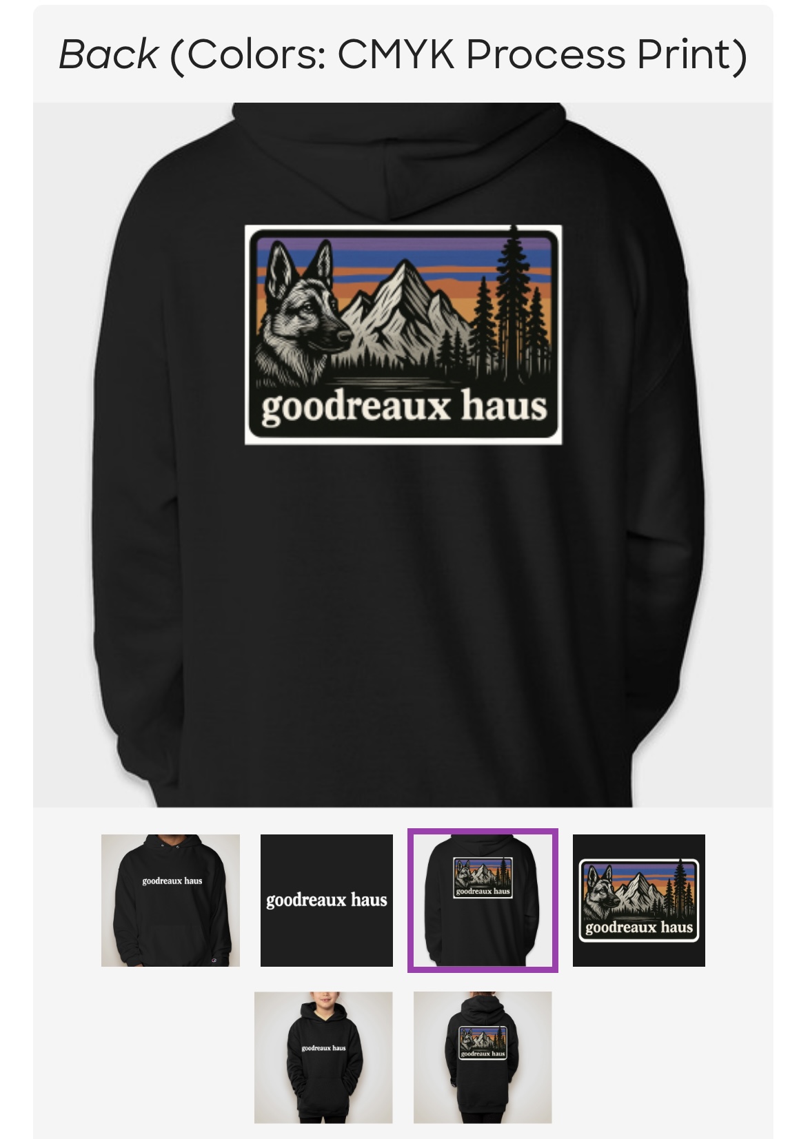 Summit hoodie back with full Goodreaux Haus logo print