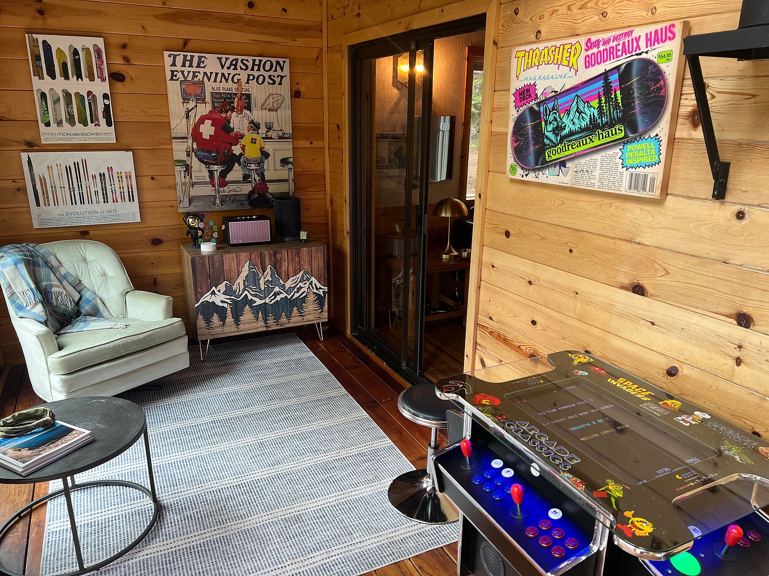 Arcade lounge with mountain art